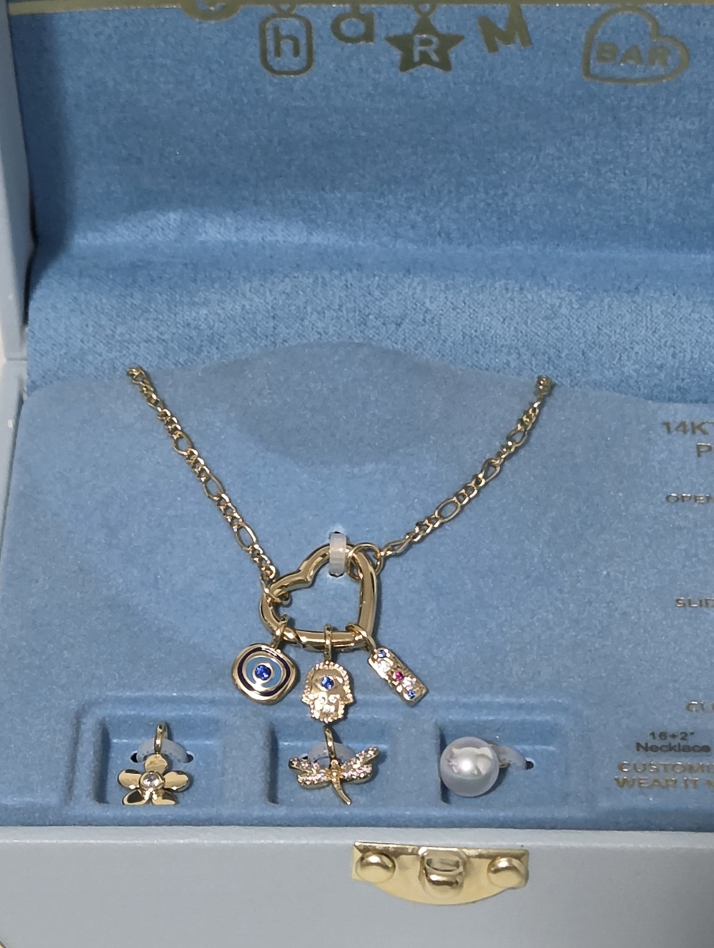 Charm Bar 14k Gold Plate Heart Necklace with Blue Evil Eye and Pearl Charm